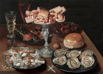 Almonds, Oysters, Sweets, Chestnuts, and Wine on a Wooden Table by Osias the Elder Beert
